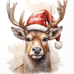 Ambiente servet Deer Santa Hat wit / bruin / rood 33 x 33 cm 20 stuks