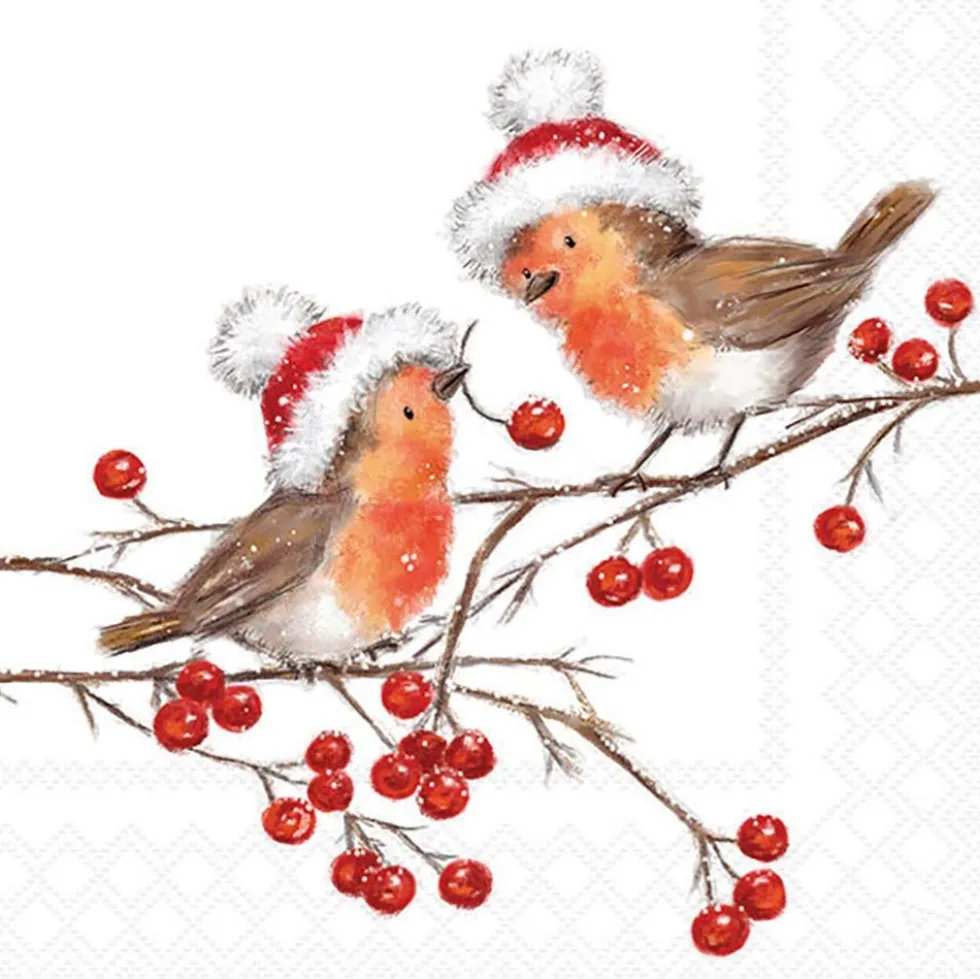 Ambiente servet Xmas Robins wit / bruin / rood 33 x 33 cm 20 stuks