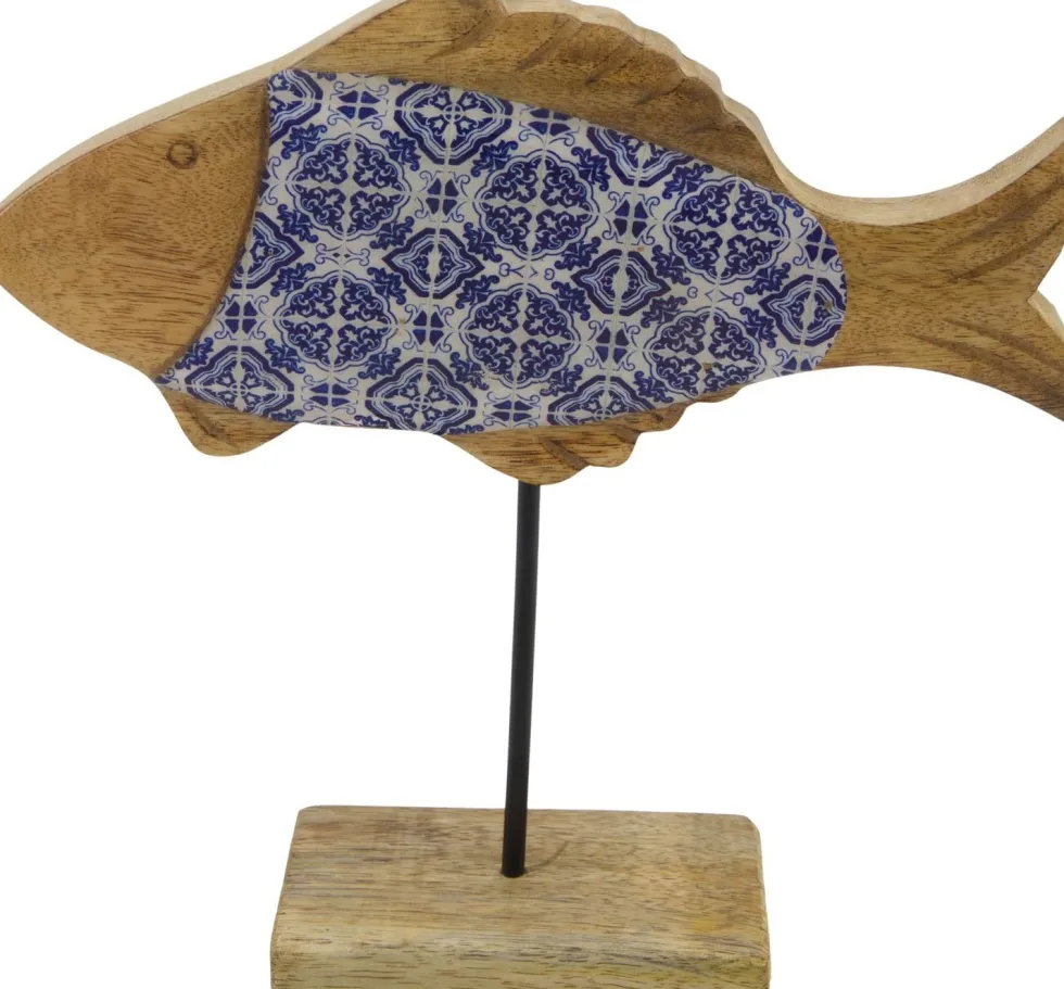 Beeld met voet vis naturel / blauw 22 x 6 x 21 cm