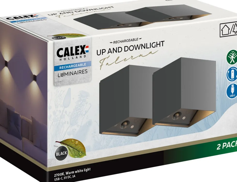 Calex wandlamp Falerna zwart 8,5 x 8,5 x 8,8 cm 2 stuks