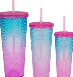 Drinkbeker Diamond met rietje roze / blauw 3 stuks