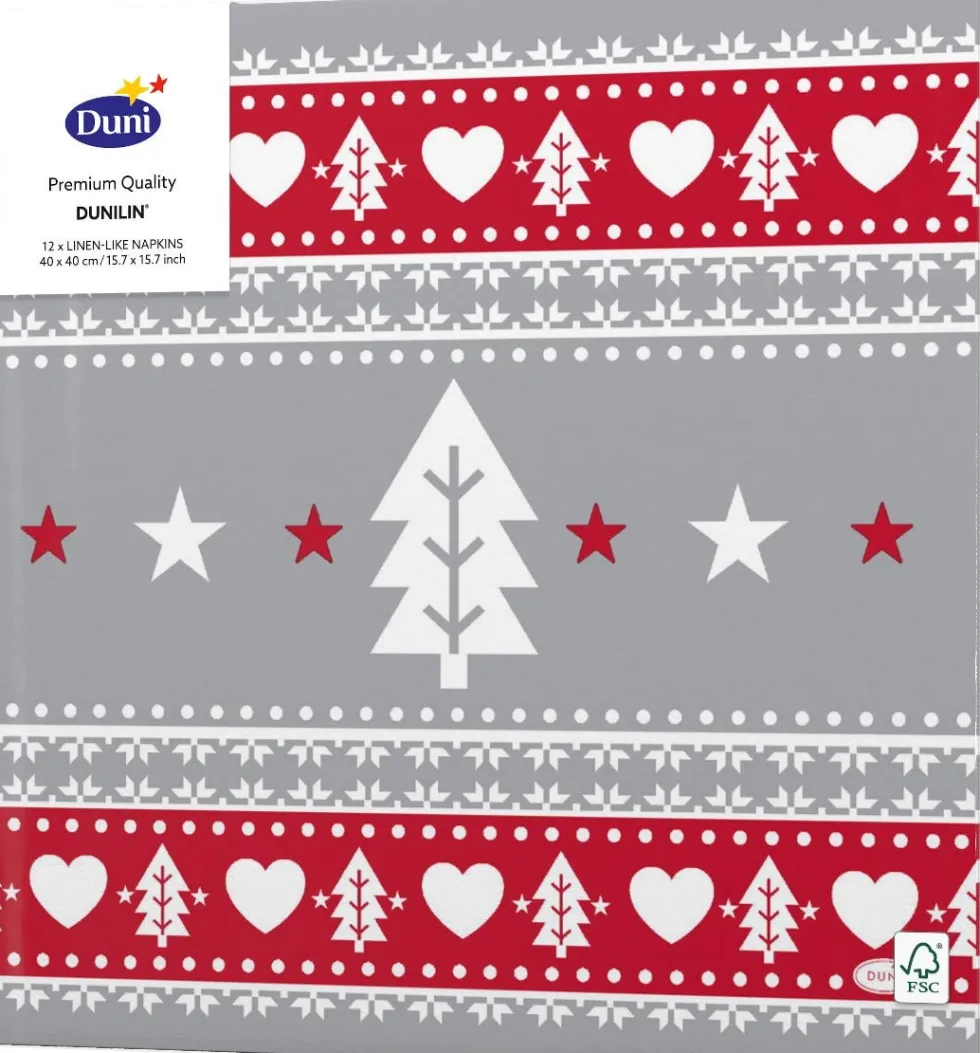 Duni servetten Sweden grijs / rood 40 x 40 cm 12 stuks