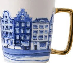 Heinen Delfts Blauw mok blauw / wit huisjes D 8,5 H 9,5 cm