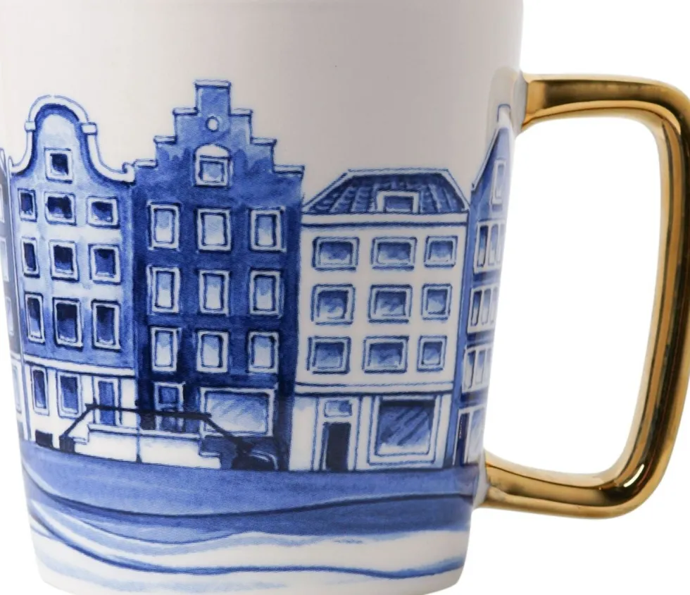 Heinen Delfts Blauw mok blauw / wit huisjes D 8,5 H 9,5 cm