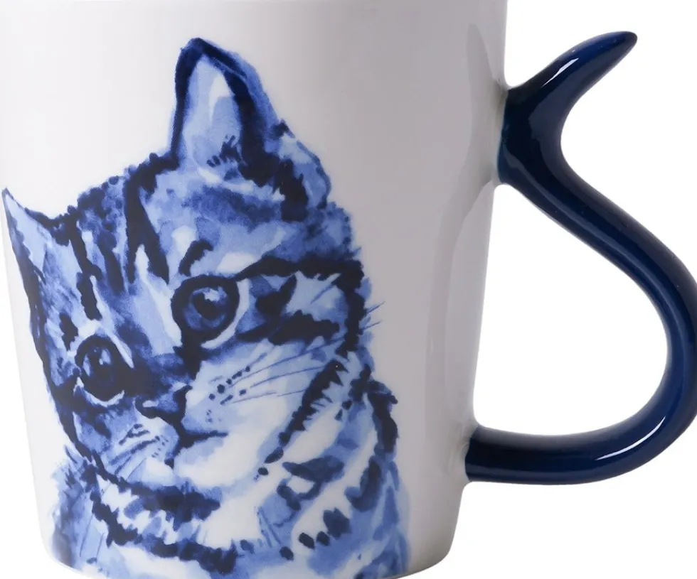 Heinen Delfts Blauw mok Kattenstaart vriendelijk blauw / wit D 8,5 H 9,5 cm