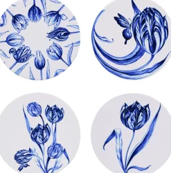 Heinen Delfts Blauw onderzetter tulp blauw / wit D 10 H 0,6 cm 4 stuks