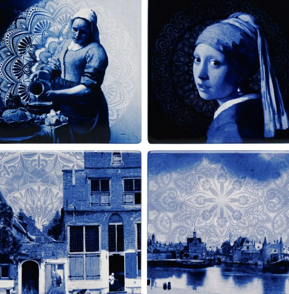 Heinen Delfts Blauw onderzetter Vermeer & Fabritius blauw / wit 10 x 10 x 0,6 cm 4 stuks