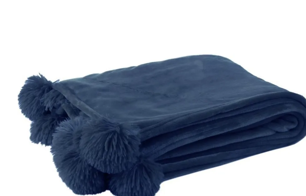 J-Line plaid pompom blauw 170 x 130 cm
