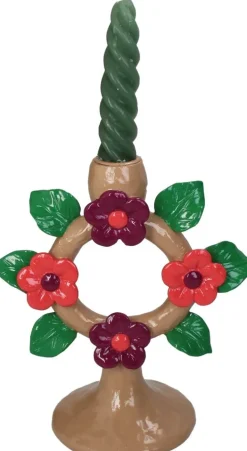 Kandelaar Fleur bruin / groen / rood 17 x 9,9 x 19 cm