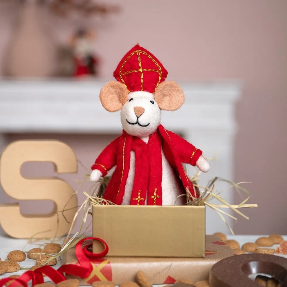 Sjaal met Verhaal sinterklaas decoratie sintermuis wit / rood 9 x 13 x 19 cm